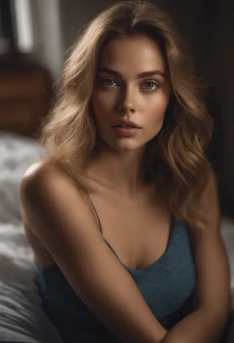 Woman with tank top , fille sexy aux yeux bleus, ultra realist, Meticulously detailed, Portrait Sophie Mudd, cheveux blonds et grands yeux, sans maquillage, maquillage naturel, looking straight at camera, Visage avec Artgram, Maquillage subtil, Great photo...