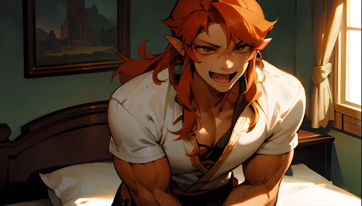 Ganondorf smiling and talking, good looking, masculine, smiling, talking, castel bedroom, bedroom, orange hair, white shirt, standing, talking, lightskin, lightskin skin