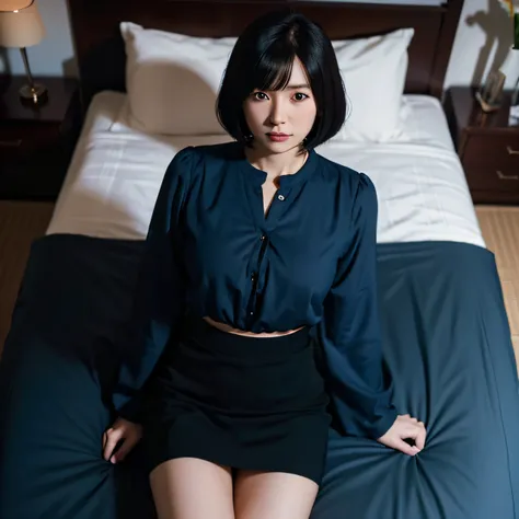 (Masterpiece, highest quality), High resolution, (realistic: 1.3), 1girl, 35 years old, milf, japanese woman, medium breasts, black bob cut, in bed room,blue smock blouse,black mini skirt,high angle shot,Nervous,