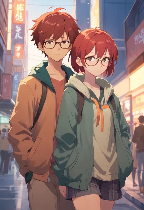 hairless african boy wearing jacket, redhead girl with glasses