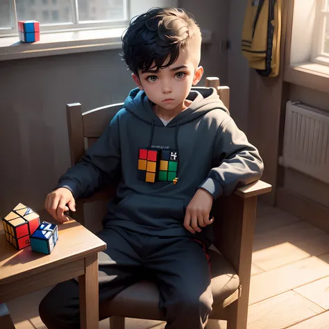 A little brilliant boy wear hoodie, ((solve the Rubiks cube)), sitting in the chair, focus on Rubiks cube, 8k, full details, side haircut, whole body, realistic, oily painting colour, brilliant, shadows, sunlight through windows, eye detailed, UHD,