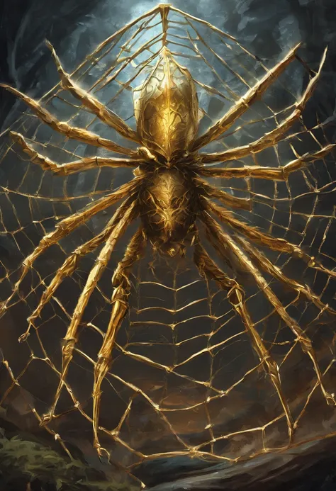 Huge gold spider that is in prison a warrior in a wire web , Tyler Edlin Fantasy Art, Style artistique humblewood, Illustration High Fantasy, guerrier , Surprisingly detailed D & D art