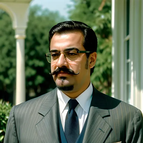 (best quality, realistic:1.37),(portrait:1.2),1999 Russian-Arab populist president with a mustache, goatee, and glasses, dressed in a suit, giving an outdoor interview, (nostalgic feel), (classic film grain), (soft natural lighting), (confident expression)...