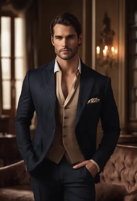 character standing with arm straight, dark hair (neck length hair tied in a ponytail), nice pose, handsome man, pretty face, royal elegant pose, business man, (in a striped blazer), (The surrounding environment is a luxurious and classic living room) (sand...