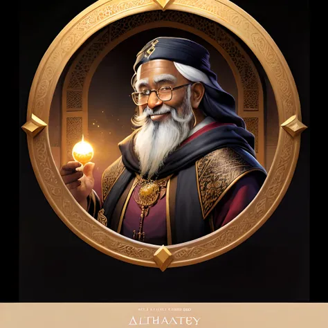 [portrait of a very old male archmage in burgundy and gold brocade robes, dark skin, smiling, friendly features, wrinkled, weathered, (((very small gold-rimmed spectacles))), long black beard, black hair, full color illustration, extremely high details, sh...