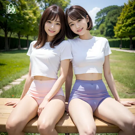 top-quality、​masterpiece、超A high resolution、(Photorealsitic:1.4)、twinsies、The ultra-detailliert、cute little、Short、(A smile:1.1)、tight skirts、(Thigh 3)Underpants