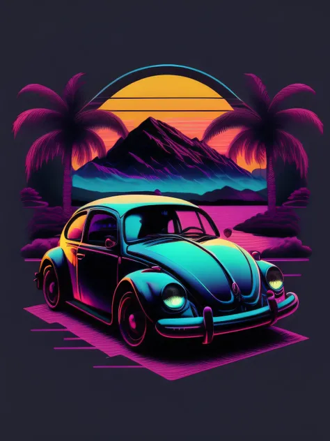 a VW Beetle in front of the sunset, estilo vaporwave, estilo neon, linhas suaves, arte de adesivo vetorial, vector kernel, detalhes intrincados, design de camiseta preta, 8k