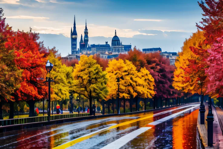 Espectacular vista de la ciudad europea lloviendo en la que se puede ver a varias personas con trajes de colores caminando en primer plano, beautiful autumn trees, Varios coches renderizan 8K, lumión, Muchos detalles, Perfect Anatomia