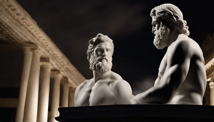 A white marble statue of a muscle, Bearded man with a stern look in a dark square at night, in the style of photographers Annie Leibovitz and Peter Lindbergh.