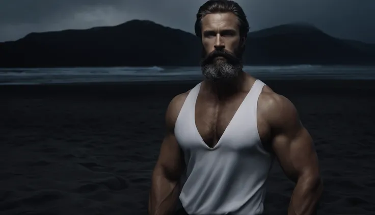 A white marble statue of a muscle, Bearded man with a stern look in a dark square at night, in the style of photographers Annie Leibovitz and Peter Lindbergh.