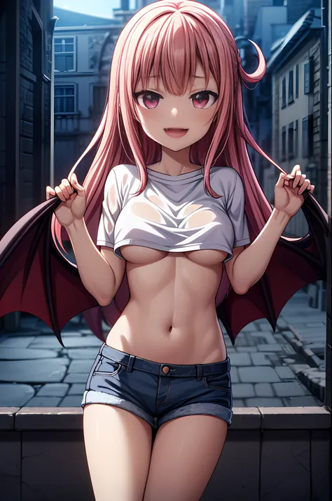 (best quality,4k,highres),sexy demon loli,open denim shorts,white wet t-shirt,bare midriff,underboob,batwings,dracula fangs,gazing at viewer,portraits,vivid colors,dark and atmospheric lighting