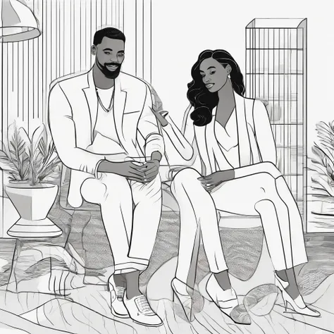 Black couple, a man and woman sitting next to each other, illustration