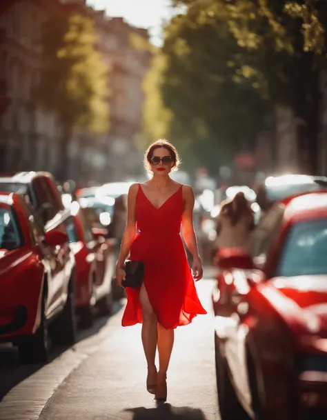 un beau, Jolie femme en robe rouge portant des lunettes de soleil se promenant dans une ville