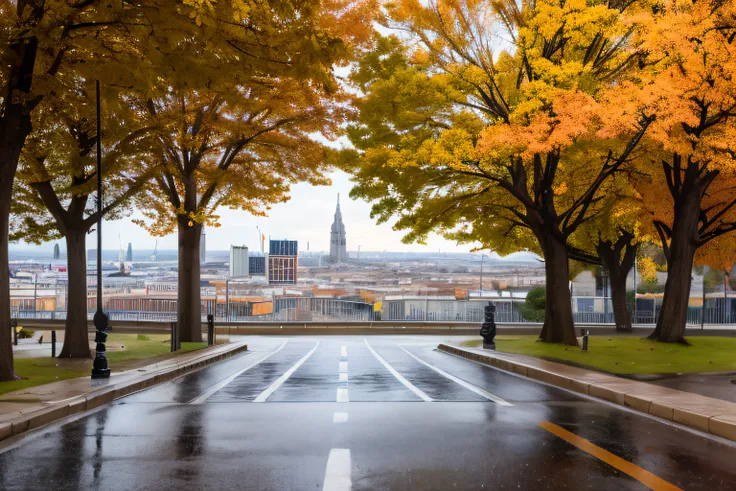 Espectacular vista de la ciudad europea lloviendo en la que se puede ver a varias personas con trajes de colores caminando en primer plano, beautiful autumn trees, Varios coches renderizan 8K, lumión, Muchos detalles, Perfect Anatomia