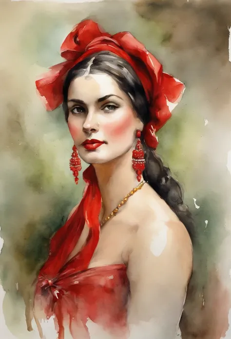 Uma mulher loira, olhos azuis, penteado  Maria Chiquinha, With red bows, wearing a red period dress, the dress is sexy shows a little the chest, olhando pra camera, cara de safada,do lado de fora de um castelo