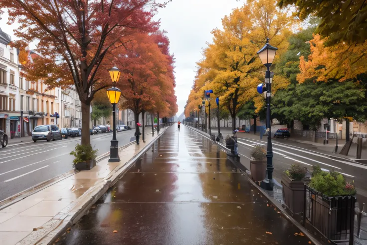 Espectacular vista de la ciudad europea lloviendo en la que se puede ver a varias personas con trajes de colores caminando en primer plano, beautiful autumn trees, Varios coches renderizan 8K, lumión, Muchos detalles, Perfect Anatomia