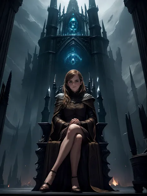 Design an image of Emma Watson sitting on the Dark Lords throne within Barad-dûr, ruling over her realm in Mordor.