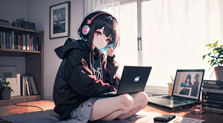 Anime girl sitting on laptop table with headphones, lofi-girl, Praise Artstyle, Lofi art, lofi vibes, lofi feel, lofi hip hop, lofi, chillhop, lofi girl aesthetic, lofi portrait, Lofe Vibe, lofi color, anime vibes, Loepfes aesthetics