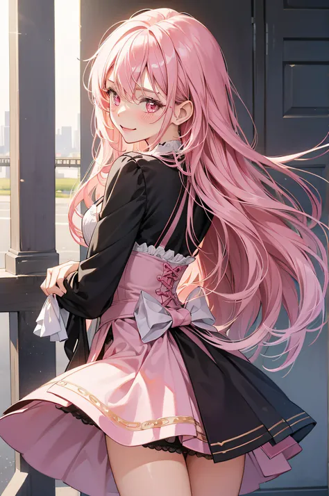 girl, shot from behind, bending forward, panty shot, looking over shoulder to viewer, lewd expression, lewd outfit, pink long hair, pink eyes, blushing, smiling.