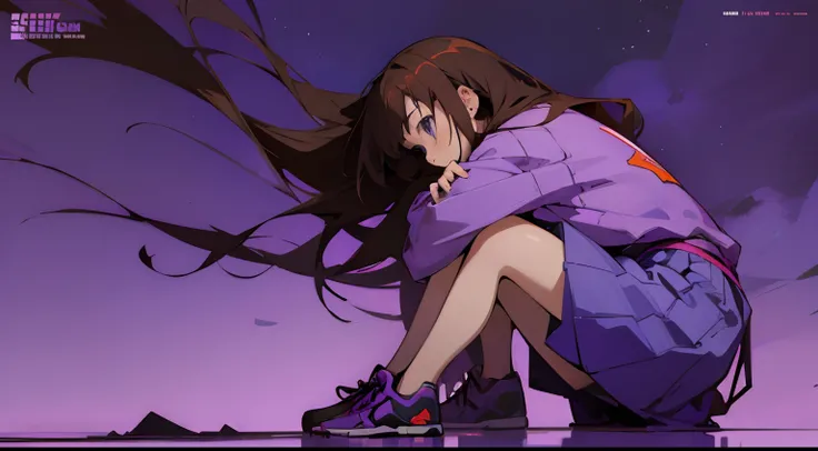 Anime girl sitting on ground, purple nightsky, purple background, sideview, looking slightly up, wallpaper, simple background, magazine cover, brown long hair, streetwear