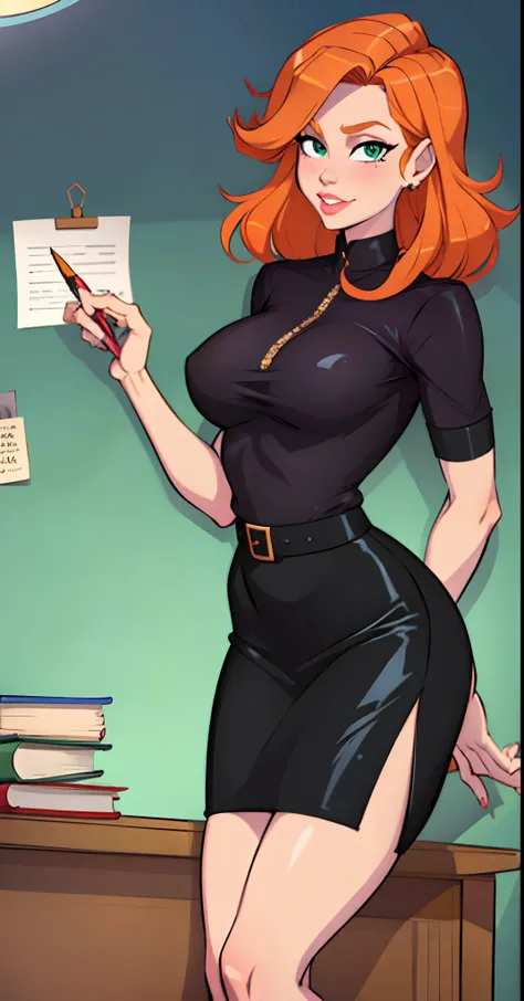 1girl, secretary, Best quality, masterpiece, cowboy shot, orange hair, green eyes, tight cloth, pencil skirt, office