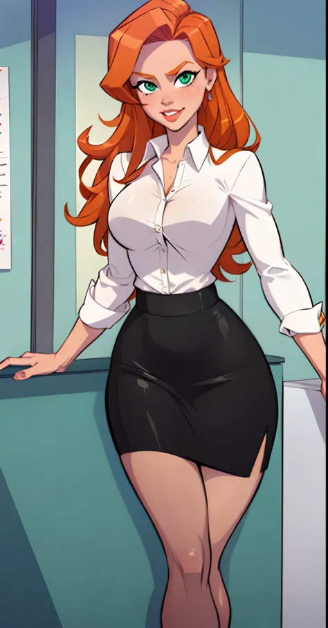 1girl, secretary, best quality, masterpiece, cowboy shot, orange hair, green eyes, tight cloth, pencil skirt, office