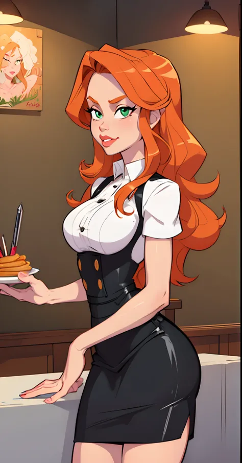 1girl, Best quality, masterpiece, cowboy shot, orange hair, green eyes, tight cloth, pencil skirt, restaurant, waiter