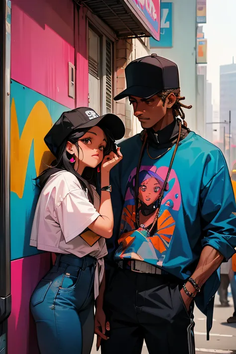 Black Man & Black Woman, 80s Hip Hop Fashion, Urban city with graffiti