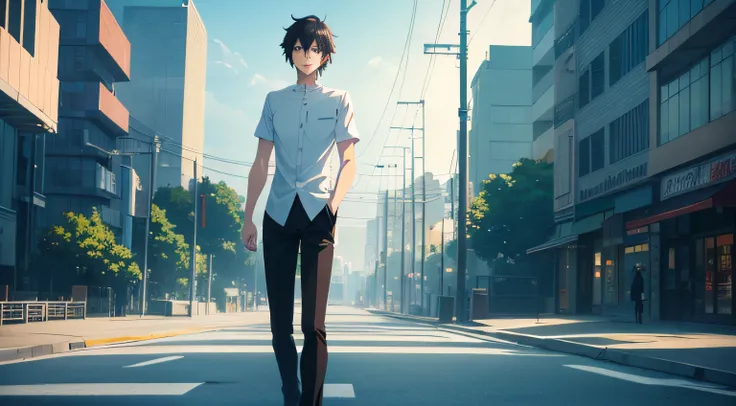 outside，On the street，There was a man standing on an empty street，Street lights flashing on both sides， Makoto Shinkai. a digital rendering， Makoto Shinkai. rendering by octane， Handsome anime pose， young anime man， A handsome man with black hair in a whit...