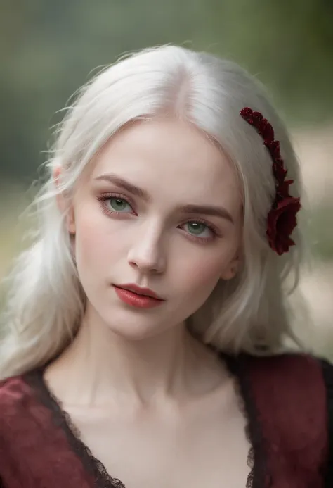 (((a deep reddish wound crosses her left cheek))) fair complexion, woman around 19 years old, natural white hair, distinctive green eyes, wearing kohl, slender and graceful, beautiful, candlelight in a medieval setting, ultra sharp focus, realistic shot, m...