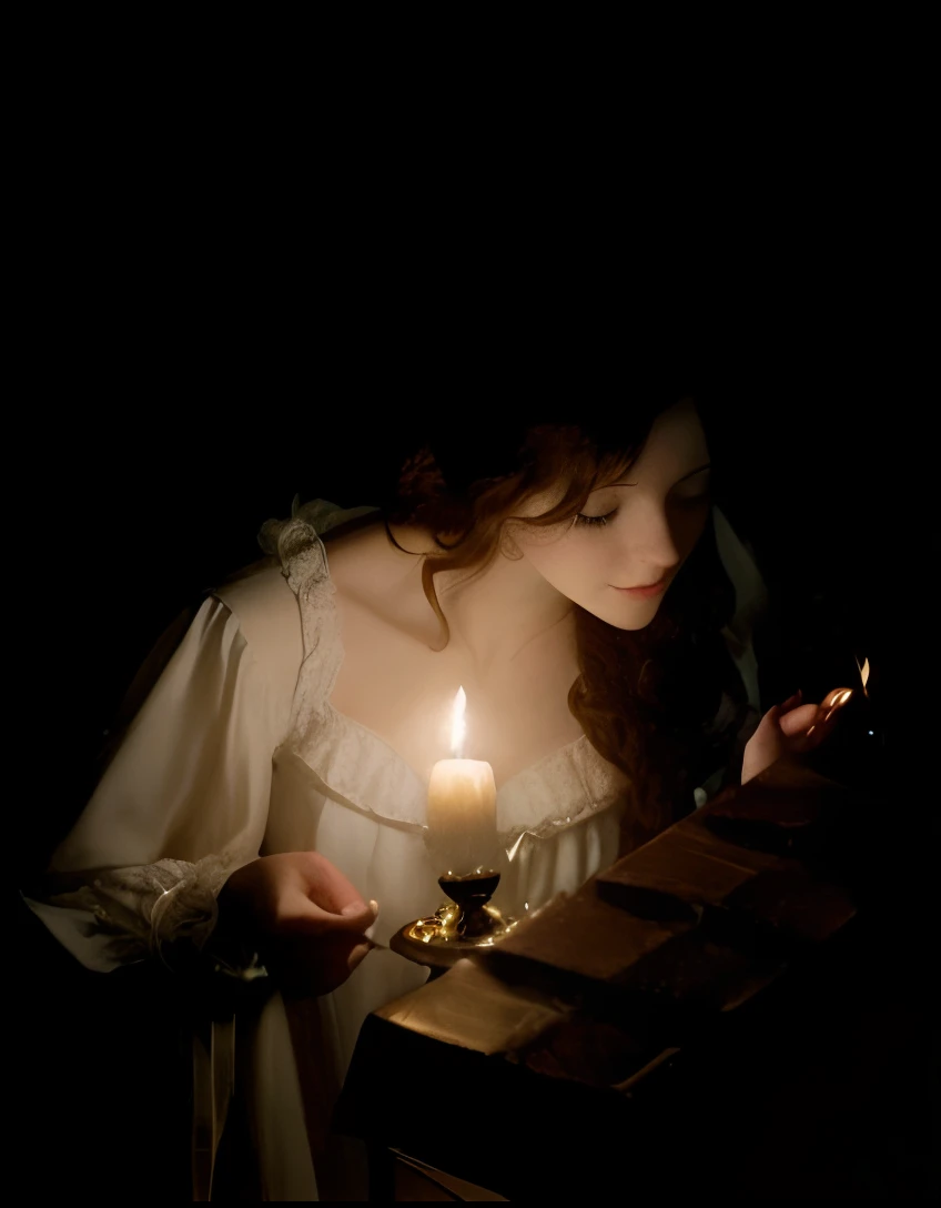 arafed woman in a white dress holding a lit candle, inspired by Godfried Schalcken, candlelit, candlelight, by Godfried Schalcken, inspired by Sophie Pemberton, candle lighting, holding a candle, candle lit, belle, dark tones and candlelight, lit with cand...