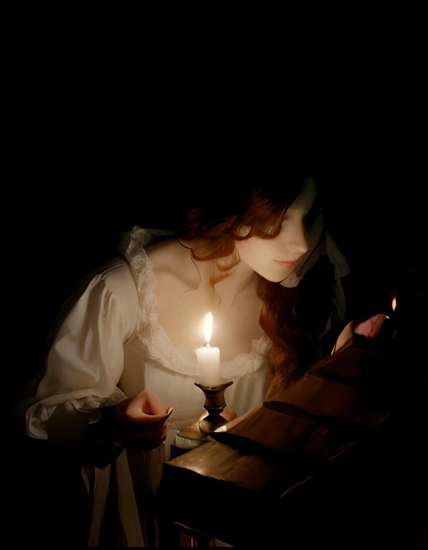 arafed woman in a white dress holding a lit candle, inspired by Godfried Schalcken, candlelit, candlelight, by Godfried Schalcken, inspired by Sophie Pemberton, candle lighting, holding a candle, candle lit, belle, dark tones and candlelight, lit with cand...