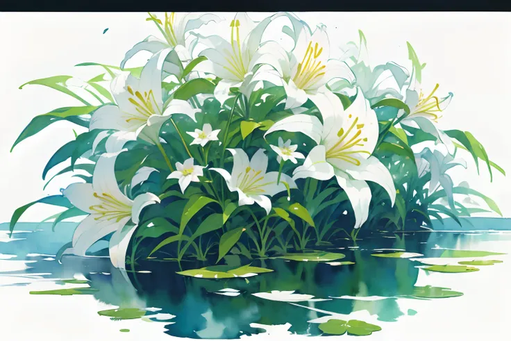 ((masutepiece)), (Professional Photography:1.2), (High Definition:1.3), Best Quality, (watercolor painting:1.3), from side, wide shot, (simple white background:1.10), pale green fine ink splashing, lily flowers, landscape