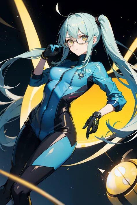 samus aran,long blue hair, yellow eyes, black glasses, casual clothes