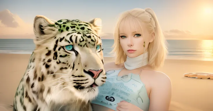 woman with blonde hair, green eyes, tanktop, snow leopard, beach, sun, sea, sky