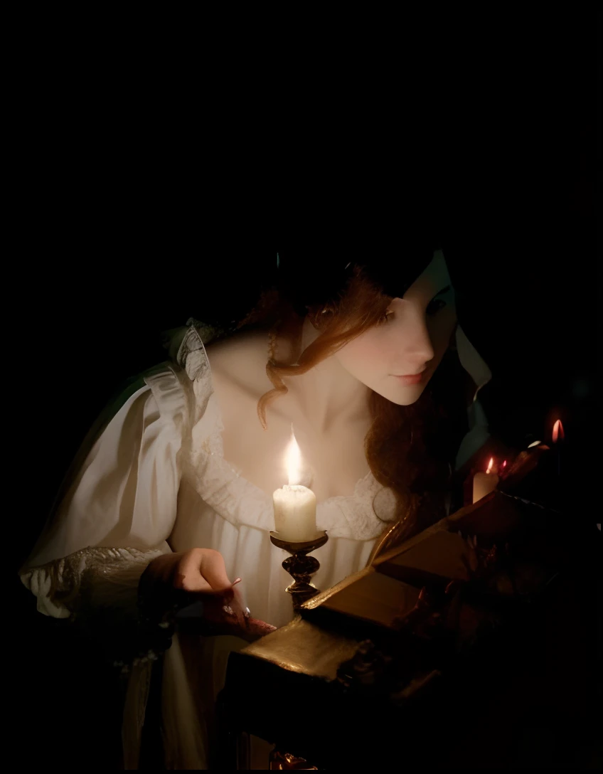 arafed woman in a white dress holding a lit candle, inspired by Godfried Schalcken, candlelit, candlelight, by Godfried Schalcken, inspired by Sophie Pemberton, candle lighting, holding a candle, candle lit, belle, dark tones and candlelight, lit with cand...