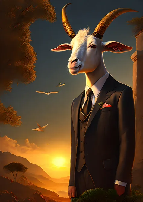 A Goat Standing, His outfit is a black suit and tie, he has the head of a black goat, rosto de bode preto,In the background of the image is a beautiful paradise, com nuvens, and birds flying overhead, com raio de luz do sol radiante na imagem de alta quali...