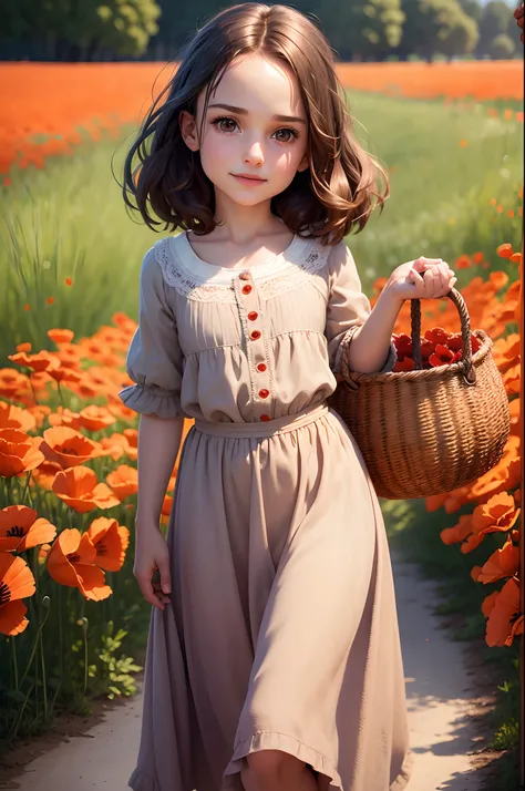 (pixar-style: 1.25) Portrait of a little girl, Natalie Portman, ssmile, waist long，The basket is covered with poppies, Natural skin texture, 4K textures, hdr, complex, Highly detailed, Sharp focus, Cinematic look, Hyper-detailed