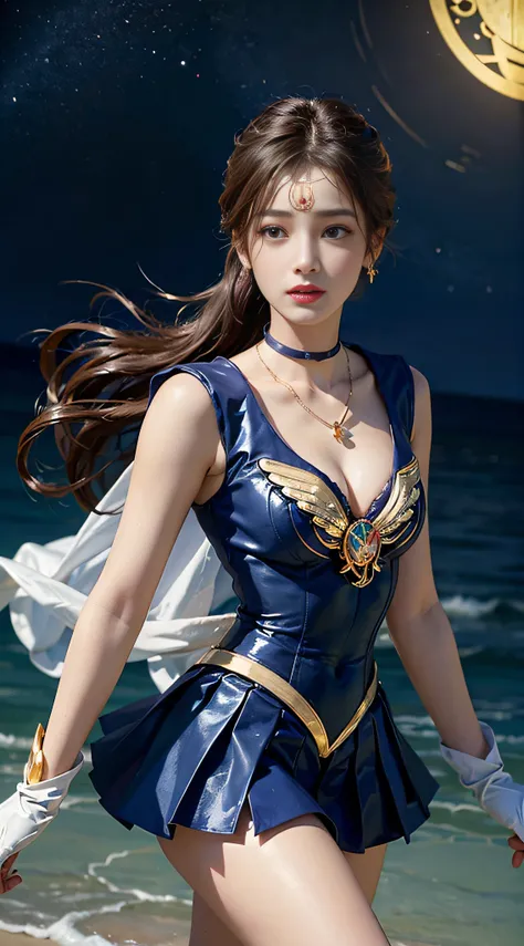 ((​masterpiece:1.4)、(top-quality:1.4)、(reallistic:1.7))、masuter piece:1.4、a beauty girl、(sailormoon:1.4)、Sexy female combat suit sticking to body、It is a sleeveless sailor suit design with cool blue design on white background、Sexy super mini skirt in a gre...