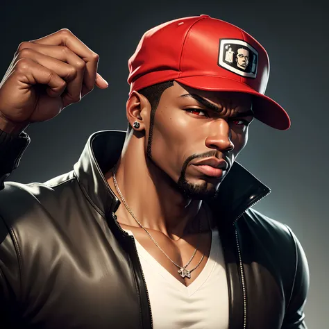 Caricatura de 50 cent , somente o rosto Homen negro,anime masculino, um personagem,negro,Boné Red,3d estilo gangster,anime estilo,tava, lone,estilo gtav,red cap,skinny only face focus on the face,