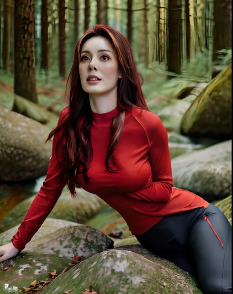 8k, best quality, (photorealistic:1.4), raw photo, 1girl, red hair, tight clothes, pose: sitting on a rock in a forest ,