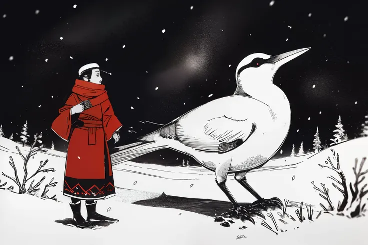 masterpiece, best quality, 1girl, red scarf on wind, standing, winter, snow storm, wind, heavy snowfall, tundra, marsh, red berries, grey, white, dark, night, starry sky, giant white bird in the sky, tribal, ethnic, native inuit, sketch