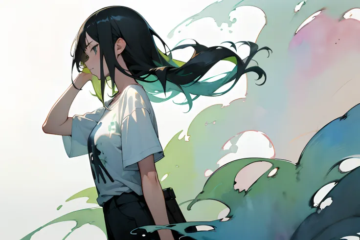 ((masutepiece)), (Professional Photography:1.2), (High Definition:1.3), Best Quality, (watercolor painting:1.3), from side, wide shot, (simple white background:1.10), pale green fine ink splashing, teenage girl, long black hair, wearing T-shirt landscape