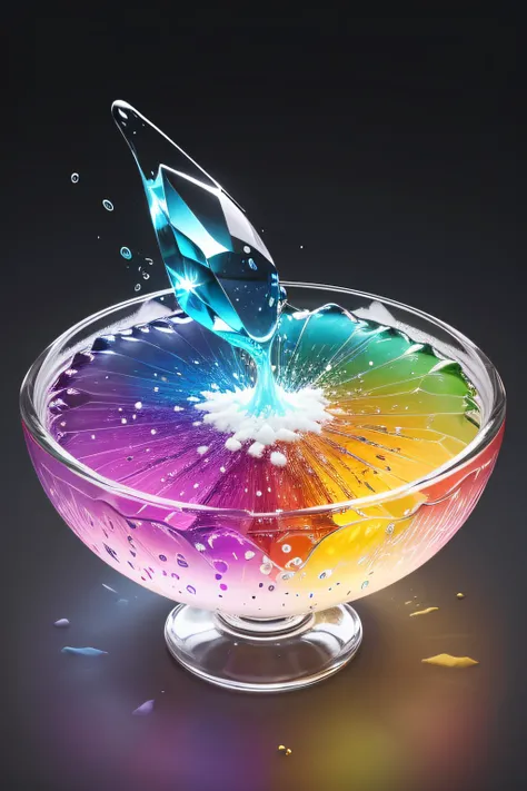 A colorful drop falls into a crystal bowl filled with different brightly colored powders and causes part of it to fly away.