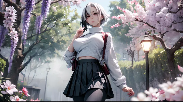 masterpiece, best quality,girl, solo, white hair, black hair, multicolored hair, x-shaped pupils, black eyes, solo, cherry blossoms, hanami, pink flower, white flower, spring season, wisteria, petals, flower, plum blossoms, outdoors, falling petals, (large...