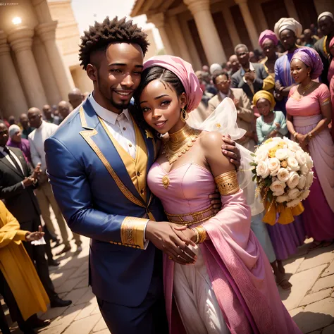 High angle shot of a Happy African man marrying African woman both wearing African designed clothes, marriage ceremony outside an African designed temple, surrounded by celebrating congregation all in african designed clothes, confetti in the air, moon and...