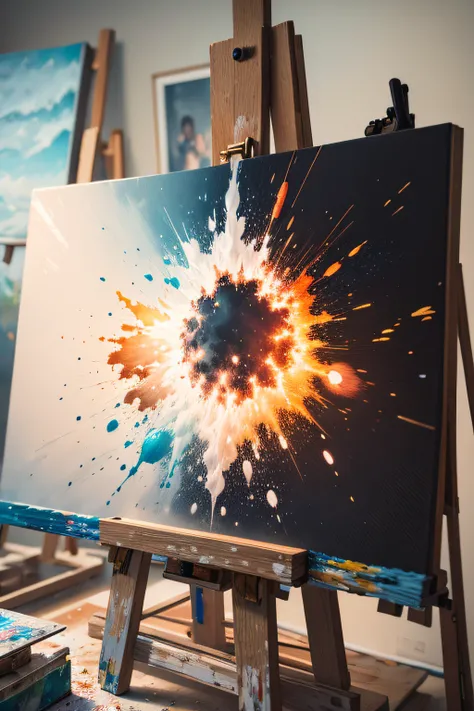 a realistic explosion of powder of different colors on a painting canvas placed on an easel.