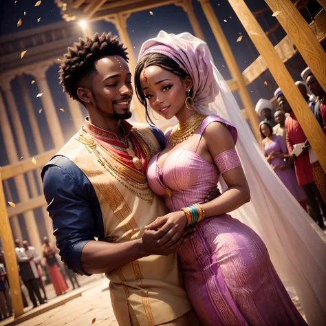 High angle shot of a Happy African man marrying African woman both wearing African designed clothes, marriage ceremony outside an African designed temple, surrounded by celebrating congregation all in african designed clothes, confetti in the air, moon and...