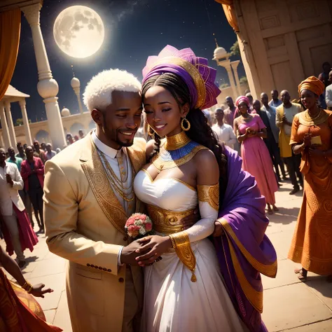 High angle shot of a Happy African man marrying African woman both wearing African designed clothes, marriage ceremony outside an African designed temple, surrounded by celebrating congregation all in african designed clothes, confetti in the air, moon and...