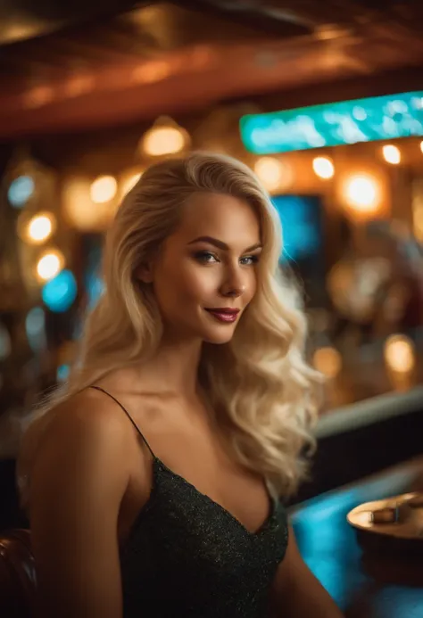 Blonde model, In a bar, happy